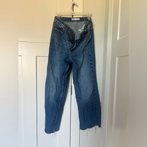 Zara Dark Wash High Waisted Straight Jeans with Raw Hem